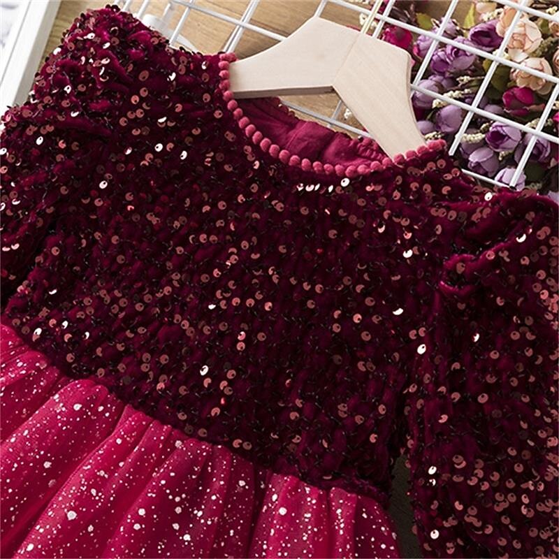Toddler Girls' Party Dress Solid Color Long Sleeve Performance Sequins Mesh Cute Princess Polyester Knee-length Tulle Dress Summer Spring 3-7 Years Red Gray4