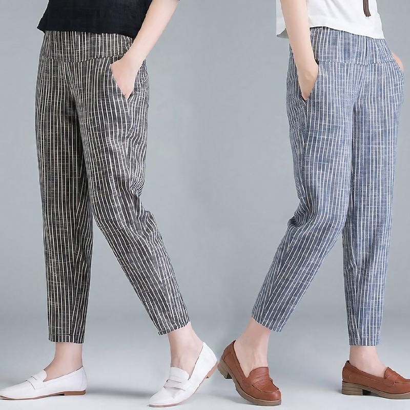 Women's Tapered Carrot Pants Casual Ankle-Length Striped Pocket Soft Outdoor Stretchy Casual Daily Blue Grey