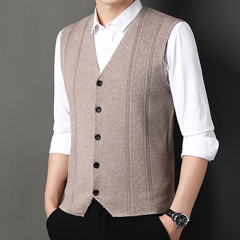Men's Sweater Vest Dress Sweater Wool Sweater Ribbed Knit Knitted Stripes V Neck Modern Contemporary Korean Daily Wear Going out Clothing Apparel Sleeveless Spring &  Fall Black Red M L XL3