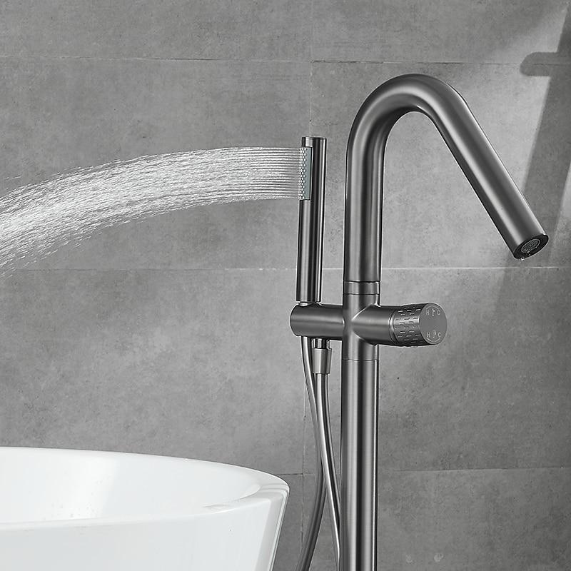 Bathtub Faucet Floor Mount Freestanding Tub Filler Brass High Flow Shower Faucets with Handheld Shower Mixer Taps Swivel Spout3