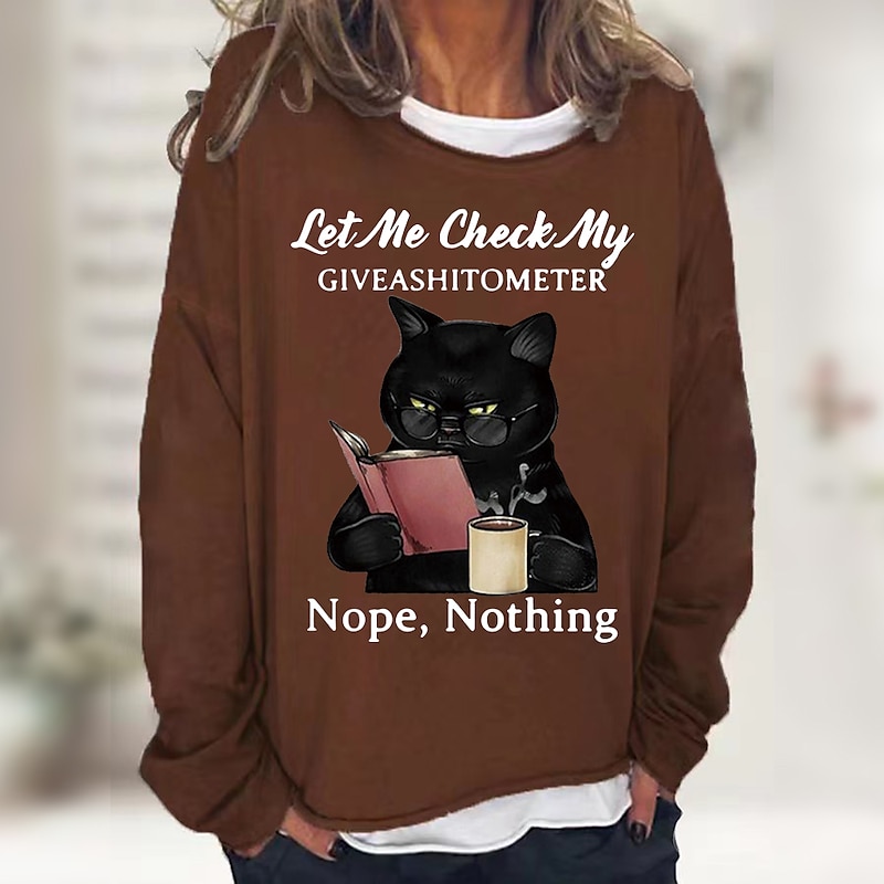 Women's Shirt Cat Print Casual Sports Basic Long Sleeve Round Neck Black Fall & Winter Comfrt Breathable Soft Fabric4