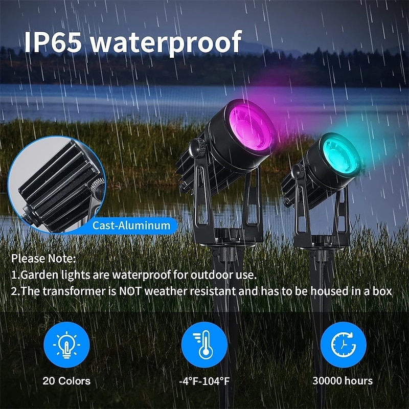 LED Spotlight Outdoor Landscape Light 2/4/6 Heads IP65 Waterproof Remote Control Spike Garden Lamp for Yard Path Tree Ground Lighting  Two installation methods  1set2