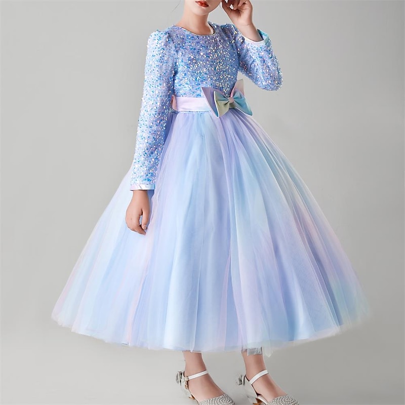 Kids Girls' Flower Girl Dress Party Dress Solid Color Flower Long Sleeve Performance Wedding Party Sequins Tie Knot Elegant Princess Polyester Maxi Tulle Dress Flower Girl's Dress Spring Fall Winter3