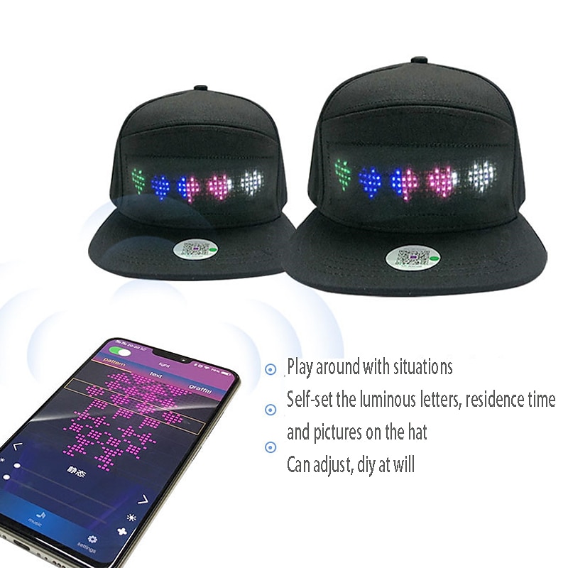 Unisex Bluetooth LED Mobile Phone APP Controlled Baseball Hat Scroll Message Display Board Hip Hop Street Snapback Cap2