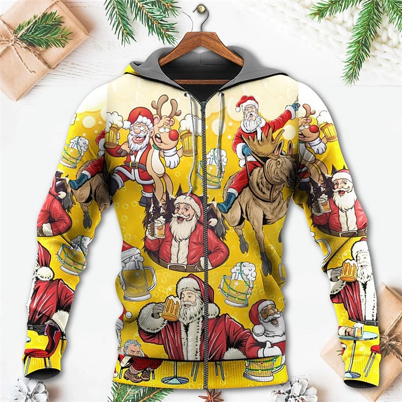 Christmas Men's Santa Claus 3D Hoodies Full Zip Jacket Yellow Blue Green Hooded Santa Claus Graphic Prints Ugly  Zipper Print Sports & Outdoor Daily Sports 3D4