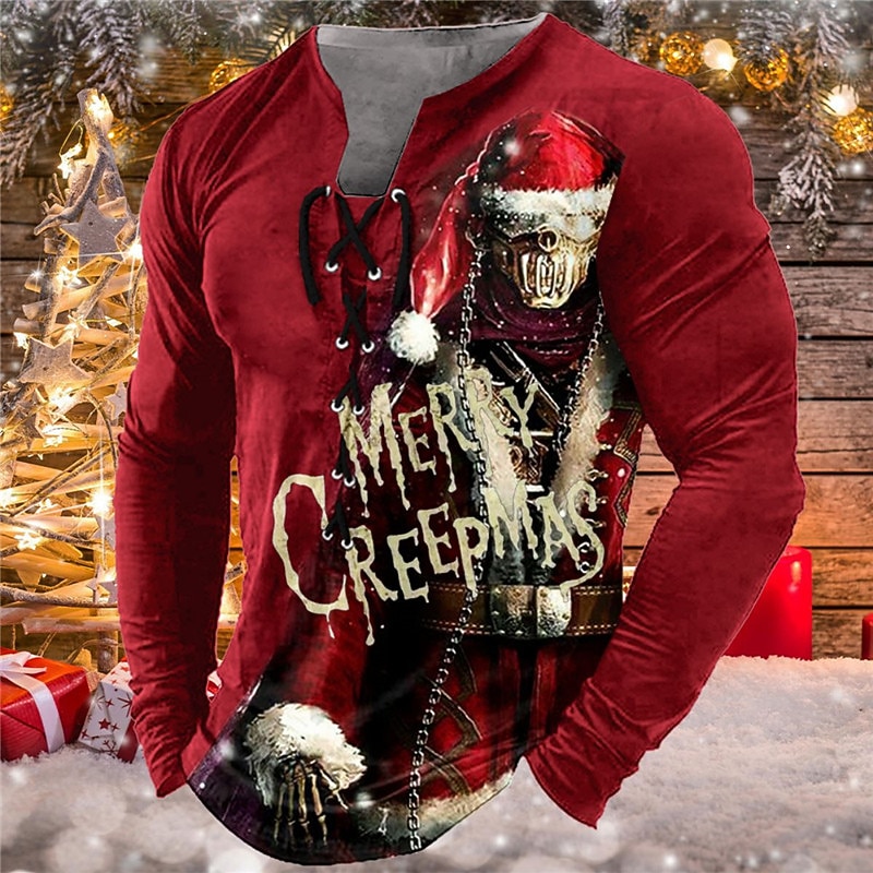 Christmas Men's Funny Christmas Henley T Shirt Graphic Tee Skull Collar Black Red Navy Blue 3D Print Outdoor Long Sleeve Lace Up Clothing Apparel Merry Creepmas Gothic Cotton