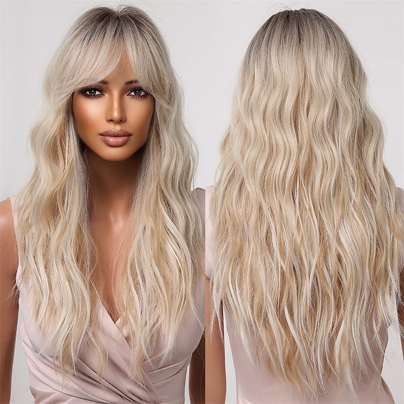 Allbell Blonde Platinum Wig for Women Long Curly Synthetic Hair with Bangs Wave Wigs with Dark Roots barbiecore Wigs