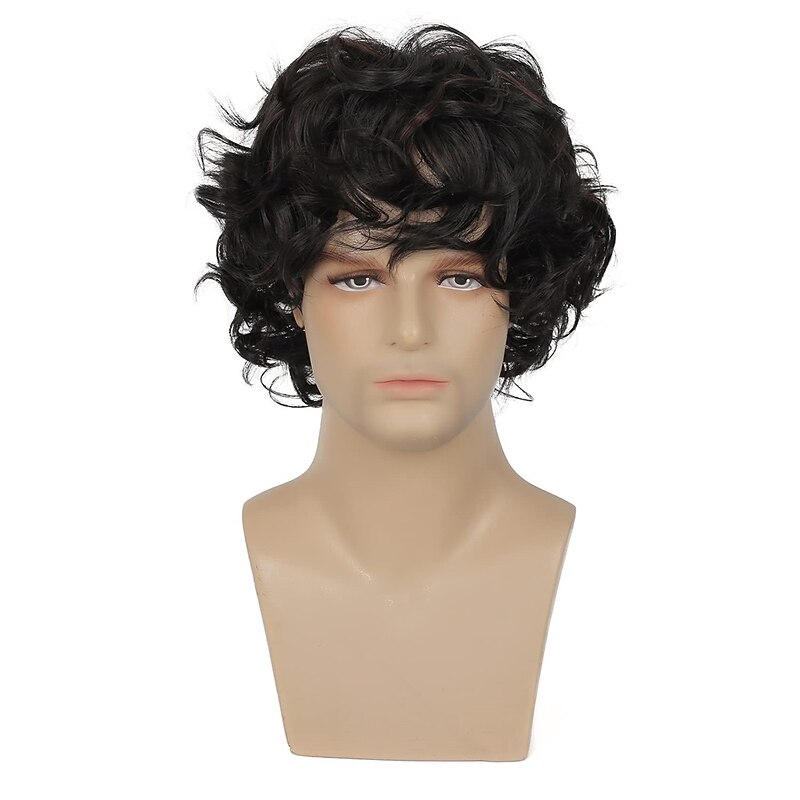 Mens Short Curly Black Wig with Bang Synthetic Cosplay Costume Party Natural Hair Wig2