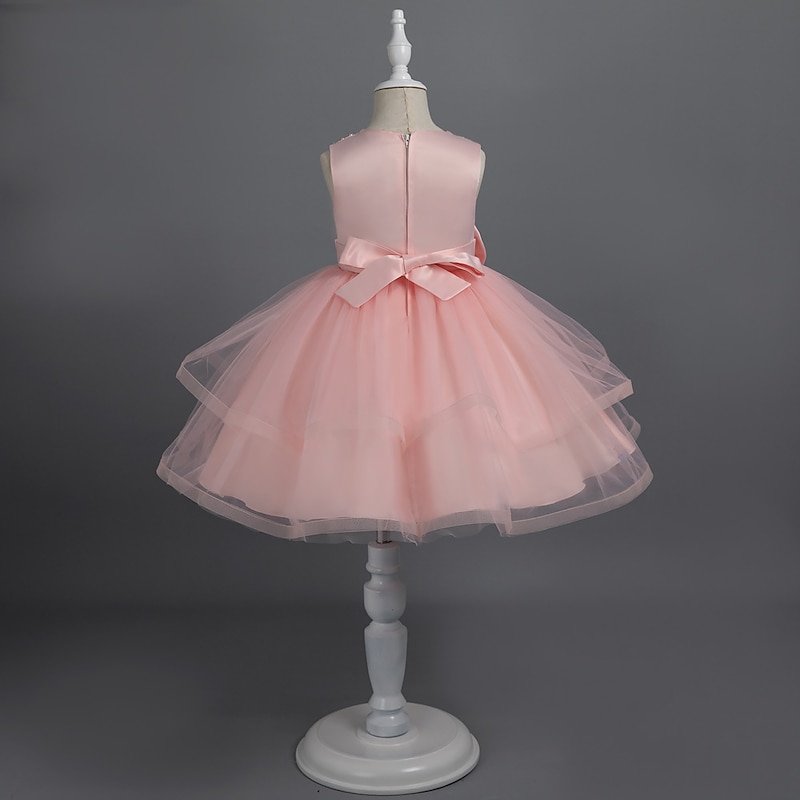 Toddler Girls' Party Dress Solid Color Sleeveless Performance Wedding Tie Knot Adorable Princess Polyester Knee-length Tulle Dress Summer Spring 3-7 Years Multicolor White Champagne3