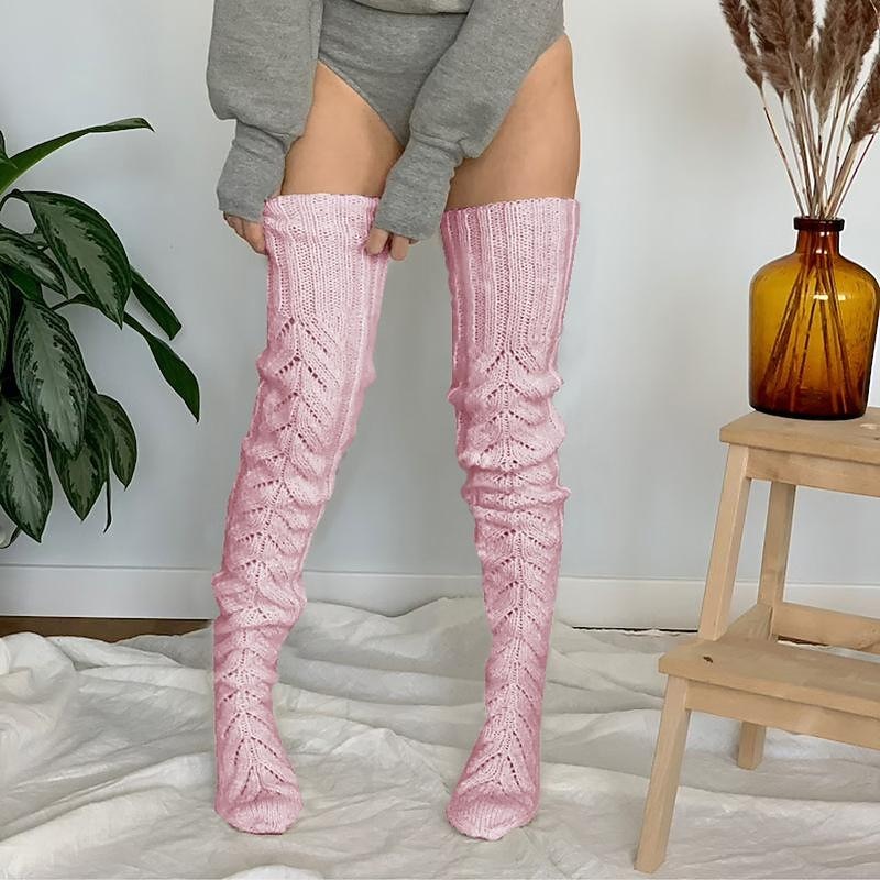 Women's Stockings Thigh-High Crimping Socks Winter Tights Thermal Warm High Elasticity Hole Winter Black Pink Grey One-Size4