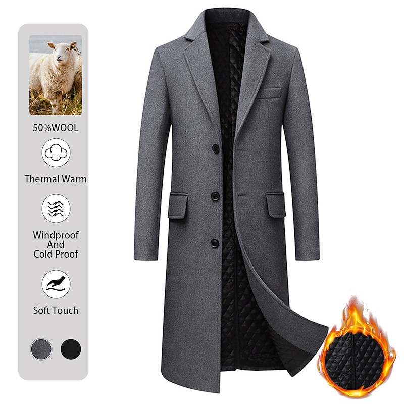 Men's Winter Coat Overcoat Trench Coat Office & Career Daily Wear Winter Wool Thermal Warm Washable Outerwear Clothing Apparel Fashion Warm Ups Solid Colored Multi Pocket Turndown Single Breasted
