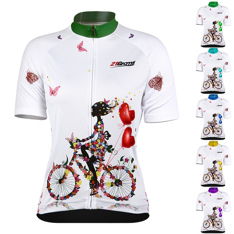 21Grams Women's Short Sleeve Cycling Jersey Summer  Floral Botanical Funny Bike Jersey Breathable Anatomic Design Ultraviolet Resistant Quick Dry Back Pocket Sports Patterned Purple Green Mint Green
