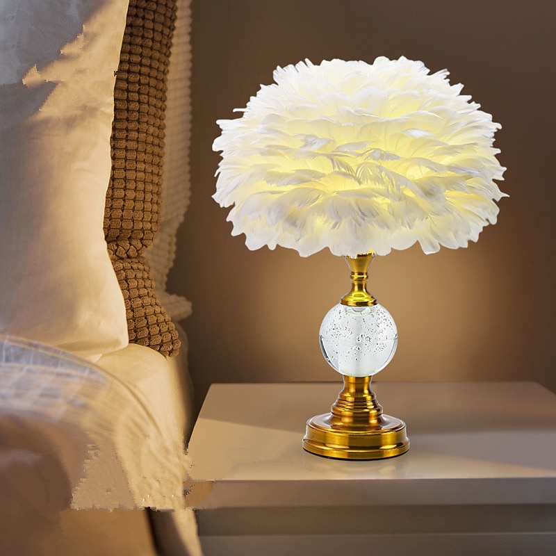 Pink Feather Table Lamp, Modern Bedside Light Iron Feather Lamp Bedroom Desk Night Light Lampshade Decorations2