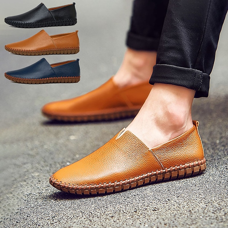 Men's Leather Slip-On Loafers, Casual Driving Shoes with Hand-Stitched Sole - Comfortable and Versatile Footwear for Everyday Wear