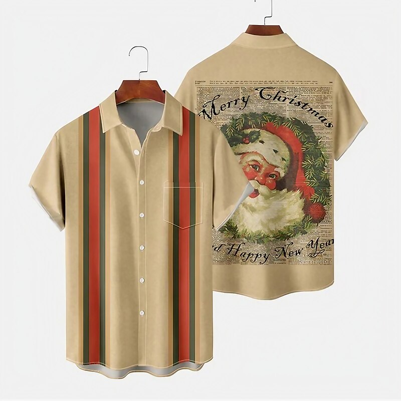 Christmas Shirts Men's Shirt Santa Claus Striped Graphic Prints Turndown Khaki 3D Print Christmas Street Short Sleeves Button-Down Print Clothing Apparel Fashion Designer Casual