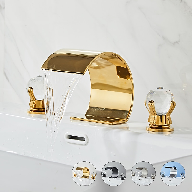 Bathroom Faucet 3 Hole Dual Crystal Knobs Widespread 3 Holes Vanity Basin Mixer Tap Bathtub Filler Faucet Waterfall Faucet for Bathroom(Golden/Black/Chrome)