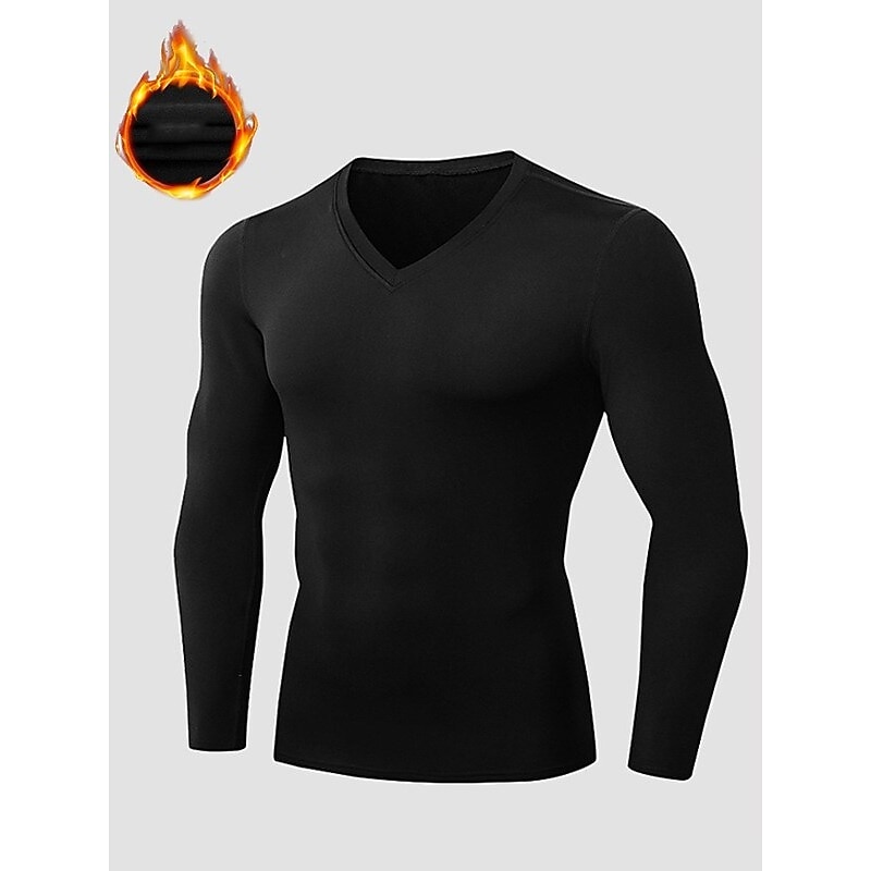 Men's Compression Shirt Running Shirt Long Sleeve Tee Tshirt Athletic Athleisure Fall V Neck Solid Colored Spandex Fleece Thermal Warm Quick Dry Soft Moisture Wicking Gym Workout Training Running