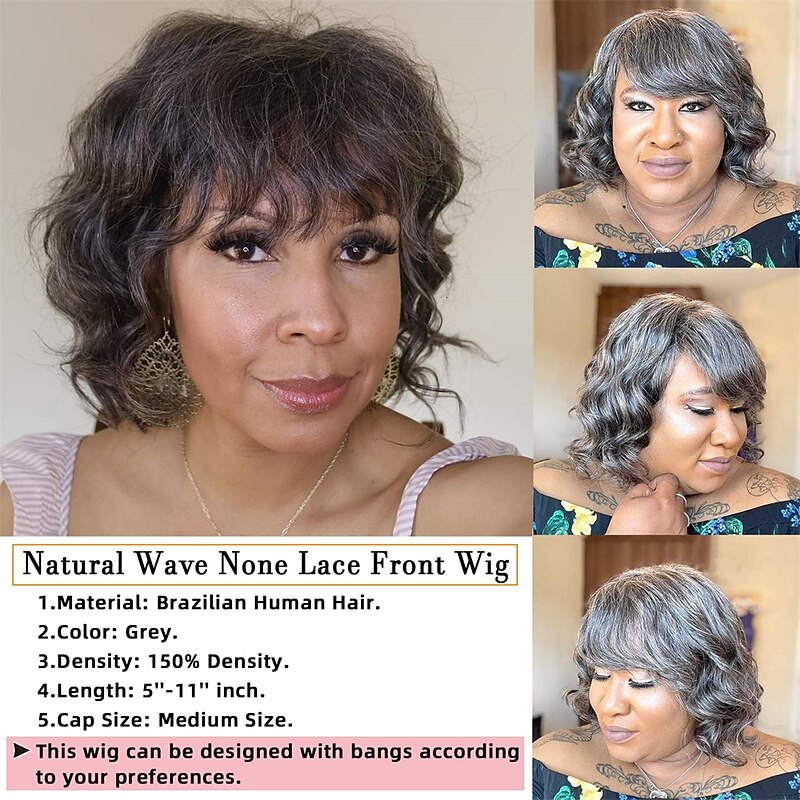 Grey Bob Wig Human Hair Body Wave Short Human Hair Grey Wig for Women Glueless Grey Human Hair Wigs No Lace Loose Wave Wigs 150% Density3
