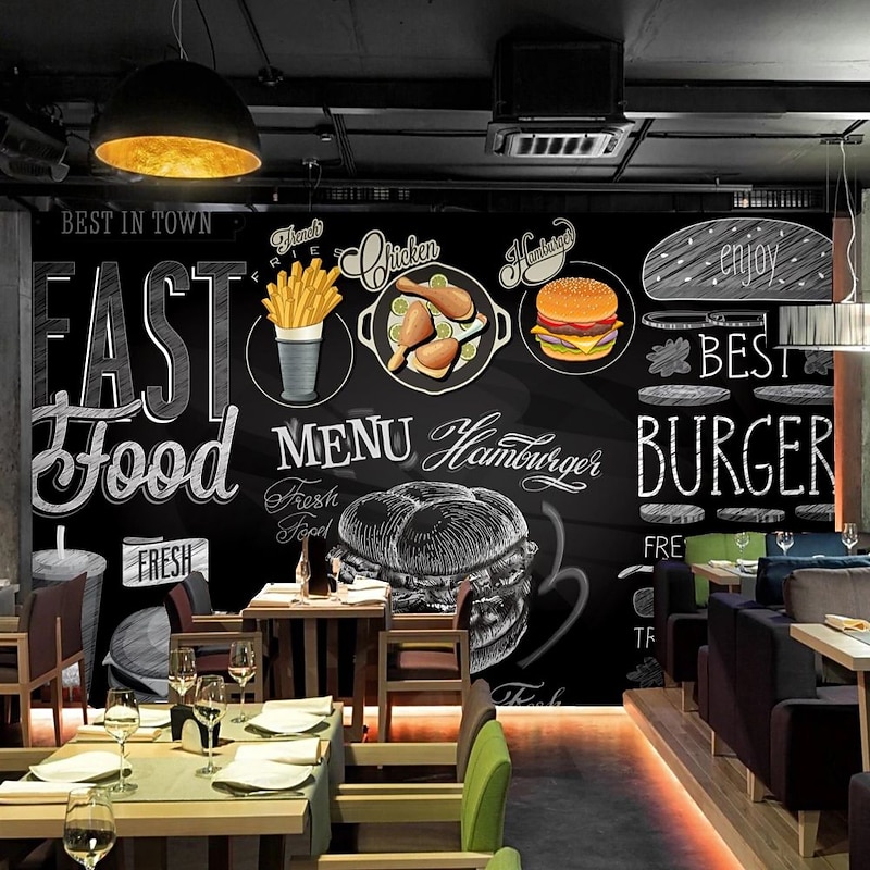 Mural Wallpaper Wall Sticker Custom Self-adhesive Dining Illustration Burger Fried Chicken PVC / Vinyl Suitable For Living Room Bedroom Restaurant Hotel Wall Decoration Art  Home Decor3