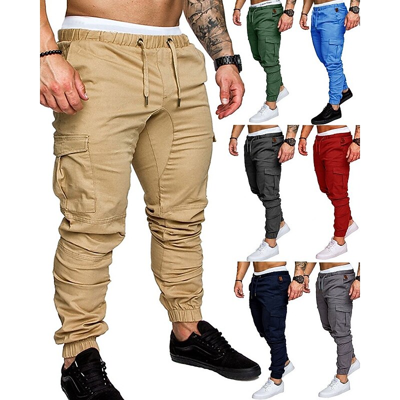 Men's Joggers Cargo Pants Drawstring Beam Foot Bottoms Outdoor Street Cotton Breathable Soft Fitness Gym Workout Performance Sportswear Activewear Solid Colored Dark Grey White Black / Stretchy3