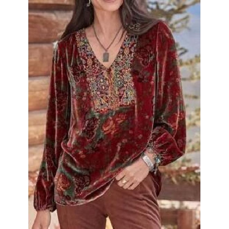 Women's Shirt Boho Shirt Blouse Velvet Basic Floral Print Long Sleeve Regular Tops V Neck Party New Year Yellow Red Purple Gray Spring Fall2