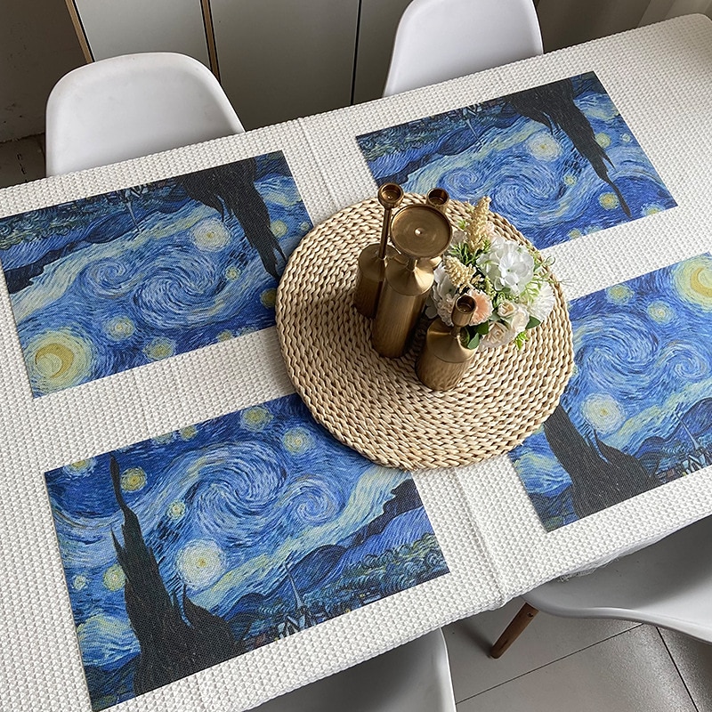 Van Gogh Painting Placemats Woven Placemat Vinyl Washable Heatproof Stain Resistant Mats PVC Placemats for Table Dining Office Kitchen Hotel Home Decor3