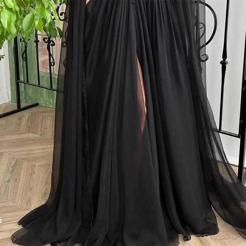 A-Line Evening Gown Black Sexy Dress Formal Wedding Guest Masquerade Court Train Long Sleeve V Neck Chiffon with Buttons Slit Appliques3