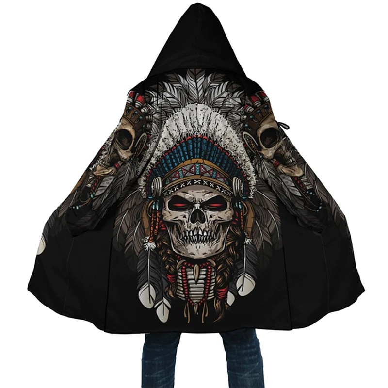 Men's Skull Indian Winter Coat Fleece Jacket Coat Warm Comfortable Breathable Streetwear Ethnic Style Vintage Style Sports & Outdoor Daily Wear Going out Zipper Pocket Print Fall & Winter Hoodie Long2