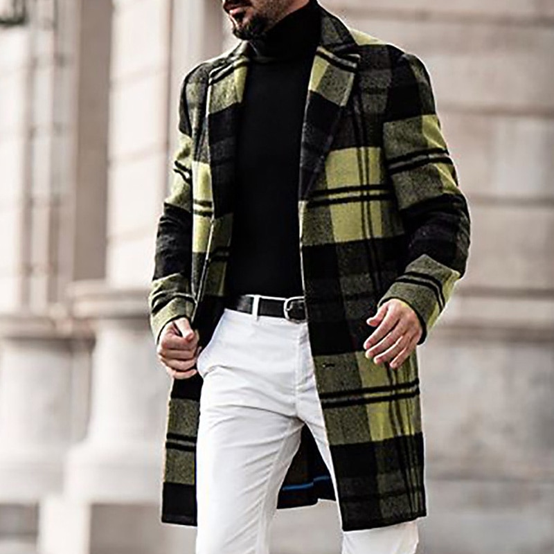 Men's Winter Coat Overcoat Coat Sports & Outdoor Daily Wear Warm Breathable Pocket Print Fall & Winter Plaid Fashion Business Turndown Long Regular Fit Yellow Blue Purple Brown Green Jacket3