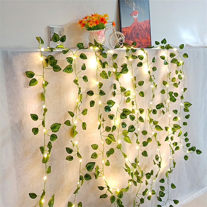 Artificial Plants LED String Light 2M 20LEDS Fairy Lights Creeper Green Leaf Christmas Home Wedding Outdoor Ivy Vine Decoration Lamp DIY Hanging Garden Patio Yard (without Battery)2