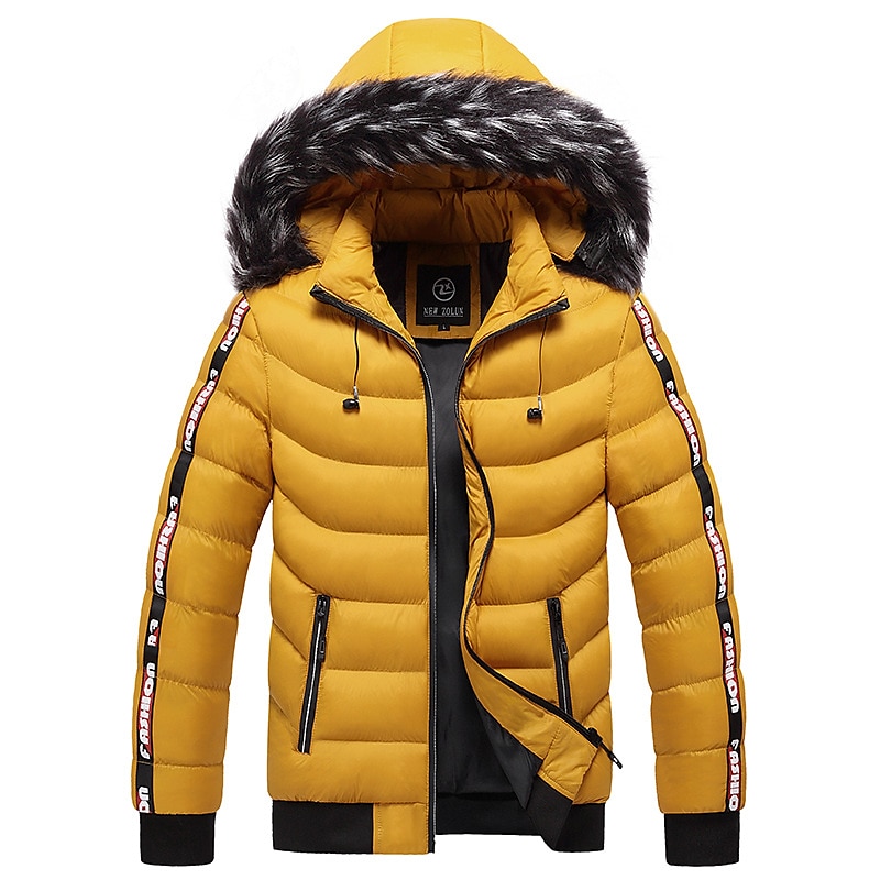 Men's Puffer Jacket Quilted Jacket Cardigan Parka Fur Trim Zipper Pocket Vacation Going out Casual Daily Warm Outdoor Casual Winter Letter Matte Black Black Yellow Red Puffer Jacket4