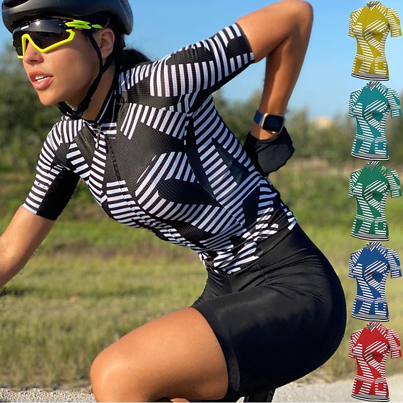 Women's Cycling Jersey Stripes Short Sleeve Bike Jersey Top with 3 Rear Pockets Mountain Bike MTB Road Bike Cycling Quick Dry Reflective Strips Back Pocket Moisture Wicking Sports Black Yellow Red