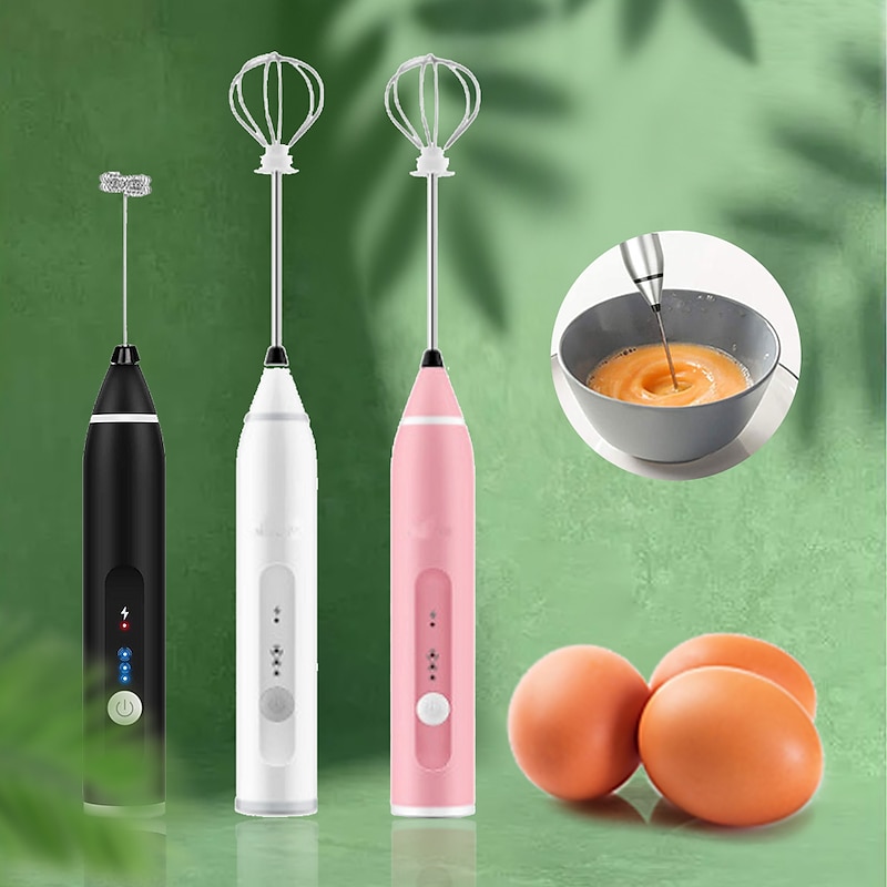 Milk Frother Handheld with 3 Heads Coffee Whisk Foam Mixer with USB Rechargeable 3 Speeds Electric Mini Hand Blender for Latte Cappuccino Hot Chocolat