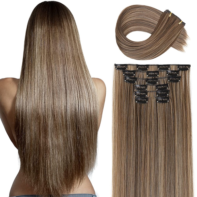 Clip in Hair Extensions 6Pcs 16 Clips Curly Wavy Straight Thick Clip on Synthetic Hair Extension Hairpieces (24 Inch Deep Brown with Dirty Blonde - Straight)