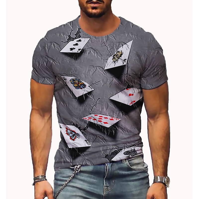 Men's 3D Poker T Shirt Short Sleeve T shirt 3D Print Round Neck Shirt Vintage Designer Casual Party Daily Black Yellow Pink Clothing Apparel Plus Size S M L XL XXL 3XL 4XL