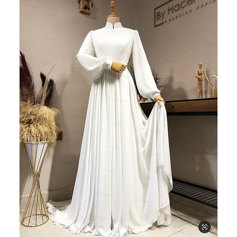 Hall Vintage 1940s / 1950s Casual Wedding Dresses A-Line High Neck Long Sleeve Court Train Chiffon Bridal Gowns With Pleats Solid Color3