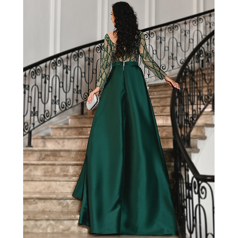 Mermaid Evening Gown Celebrity Style Dress Carnival Court Train Long Sleeve Jewel Neck Satin with Rhinestone Appliques3