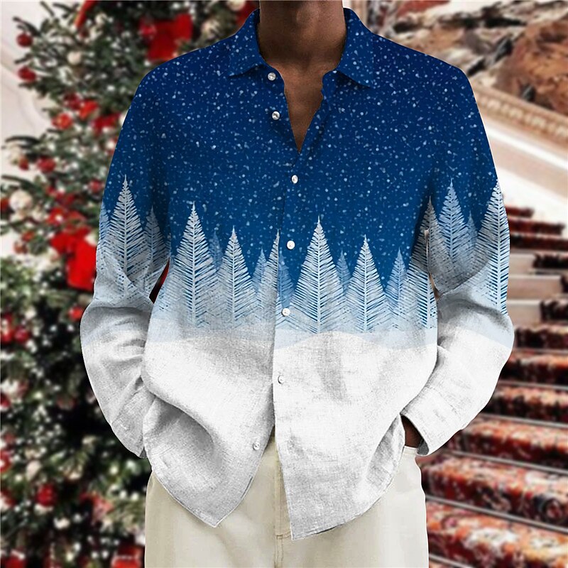 Christmas Men's Christmas Scene Printed Shirts Shirts Tree Graphic Prints Turndown Black Blue 3D Print Street Long Sleeve Button-Down Print Clothing Apparel Fashion Designer Casual