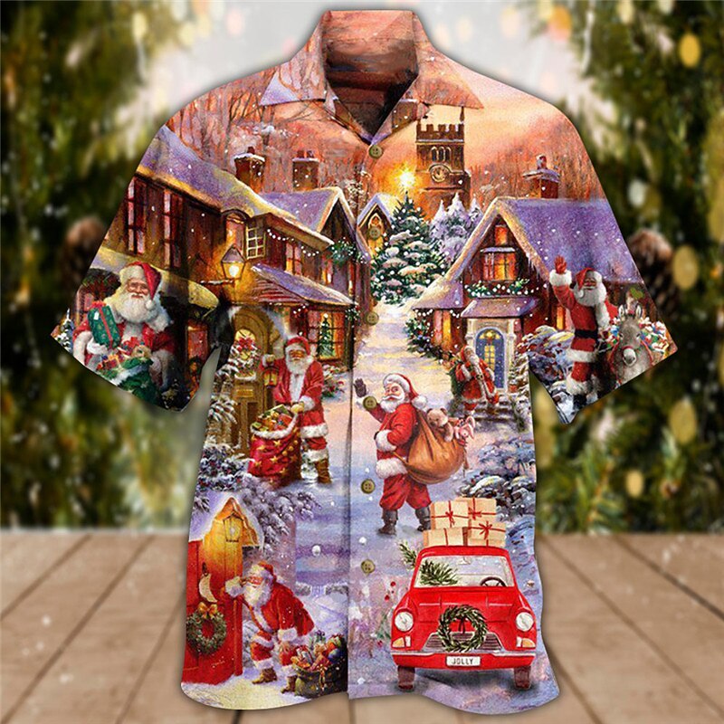 Christmas Men's Christmas Scene Printed Shirts Shirts Santa Claus Graphic Prints Turndown Purple 3D Print Street Short Sleeve Button-Down Print Clothing Apparel Fashion Designer Casual2