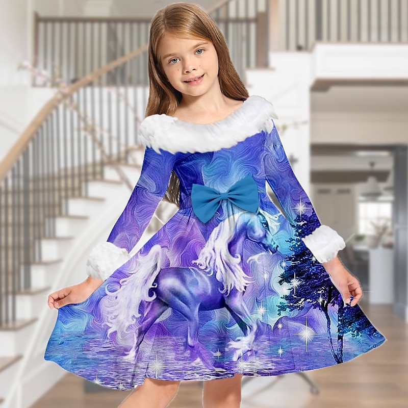Kids Girls' Dress Animal Unicorn Long Sleeve Casual Fur Trim Crewneck Adorable Daily Polyester Above Knee Casual Dress Swing Dress A Line Dress Fall Winter 3-10 Years Pink Blue Sky Blue4