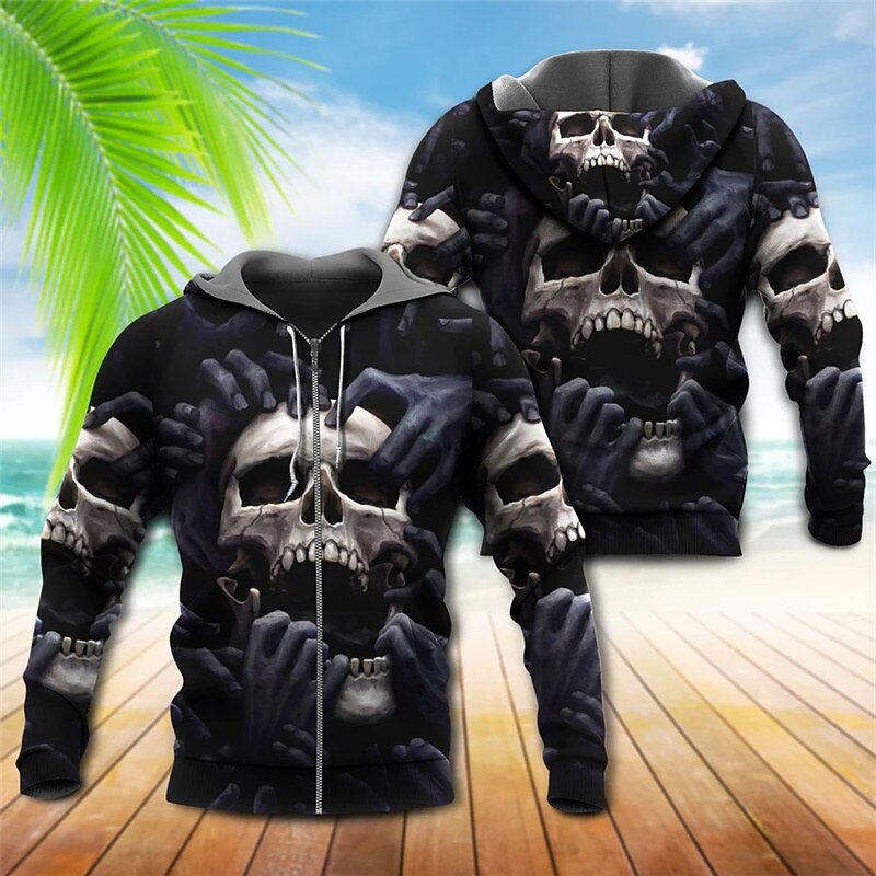 Men's Skull Graphic Prints Hoodie Hoodies Sweatshirt Streetwear Designer Long Sleeve Hooded Sports & Outdoor Daily Sports Black Zipper Print Spring &  Fall Designer