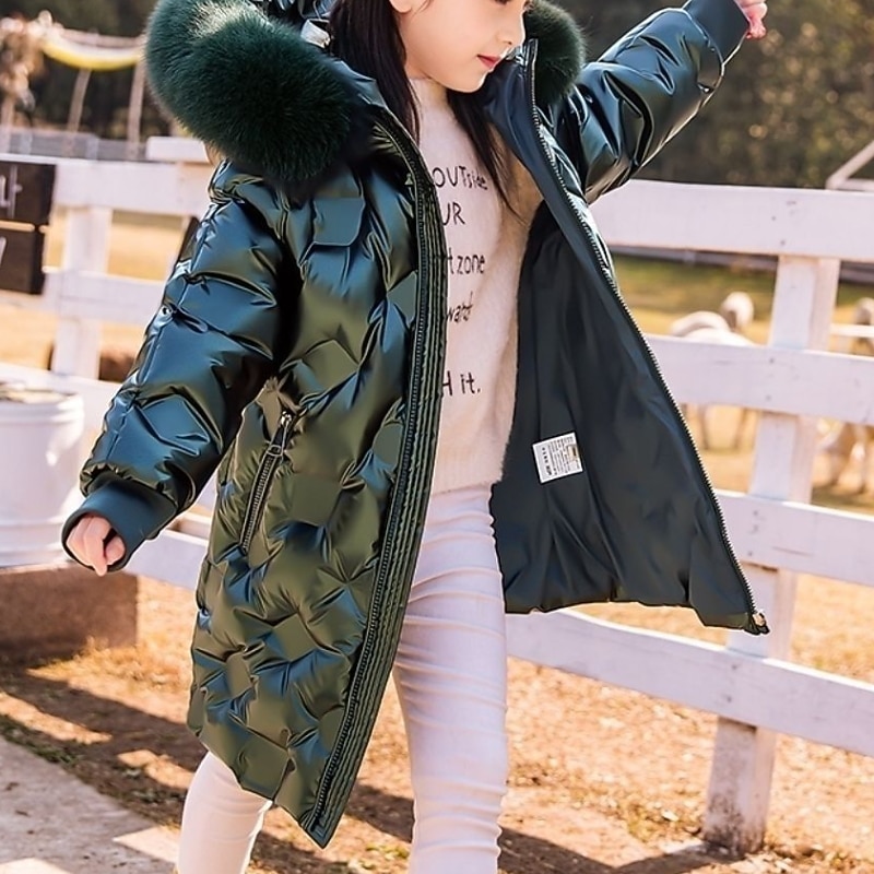 Kids Girls' Down Coat Puffer Jacket Solid Color Active Outdoor Cotton Coat Outerwear 4-12 Years Fall Black Golden Sky Blue2