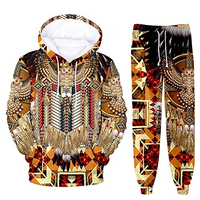Men's Graphic Wolf Bohemian Style 2pcs 3D Sweatshirt Sets Tracksuit Hoodies Long Sleeve Long pants Hooded Streetwear Designer Basic Sports & Outdoor Casual Sports Print Spring Fall Blue Orange Brown3