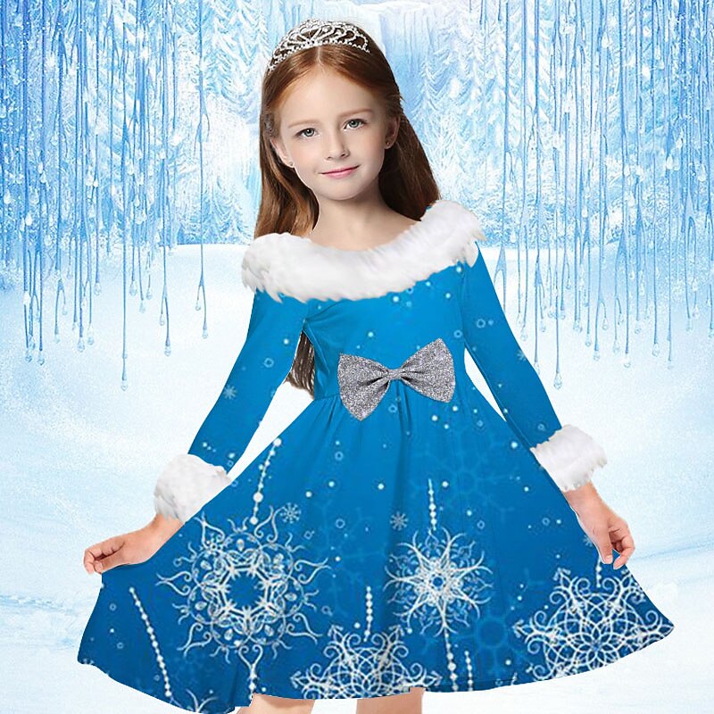 Kids Girls' Dress Snowflake Dress Snowflake Long Sleeve Casual Fur Trim Crewneck Adorable Daily Polyester Above Knee Casual Dress Swing Dress A Line Dress Fall Winter 2-13 Years Navy Blue Blue2