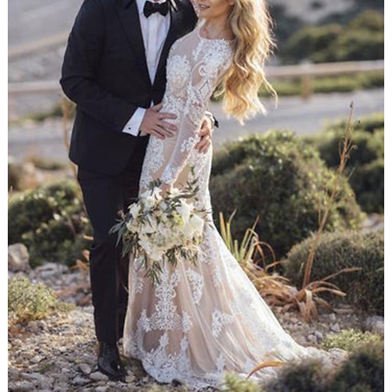 Beach Wedding Beach Simple Wedding Dress in Color Boho Wedding Dresses Mermaid Scoop Neck Long Sleeve Court Train Lace Bridal Gowns With Appliques3