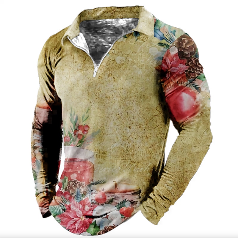 Christmas Men's Christmas Scene 3D Zipper Polo Golf Floral Graphic Prints Turndown Yellow Pink Wine Green Gray 3D Print Street Casual Long Sleeve Zipper Print Clothing Apparel Fashion Designer Casual3