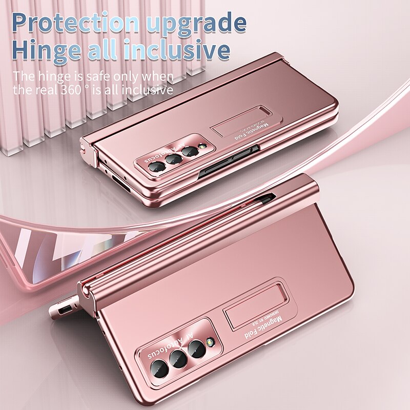 Phone Case For Samsung Galaxy Z Fold 7 Z Fold 5 Z Fold 4 Z Fold 3 Back Cover Camera Lens Protector Kickstand with S Pen Solid Colored Tempered Glass PC Metal4