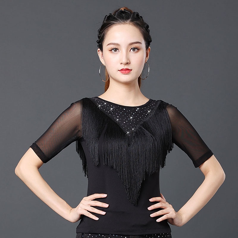 Latin Dance Ballroom Dance Top Fringed Tassel Ruching Pure Color Women's Performance Training Short Sleeve Polyester2