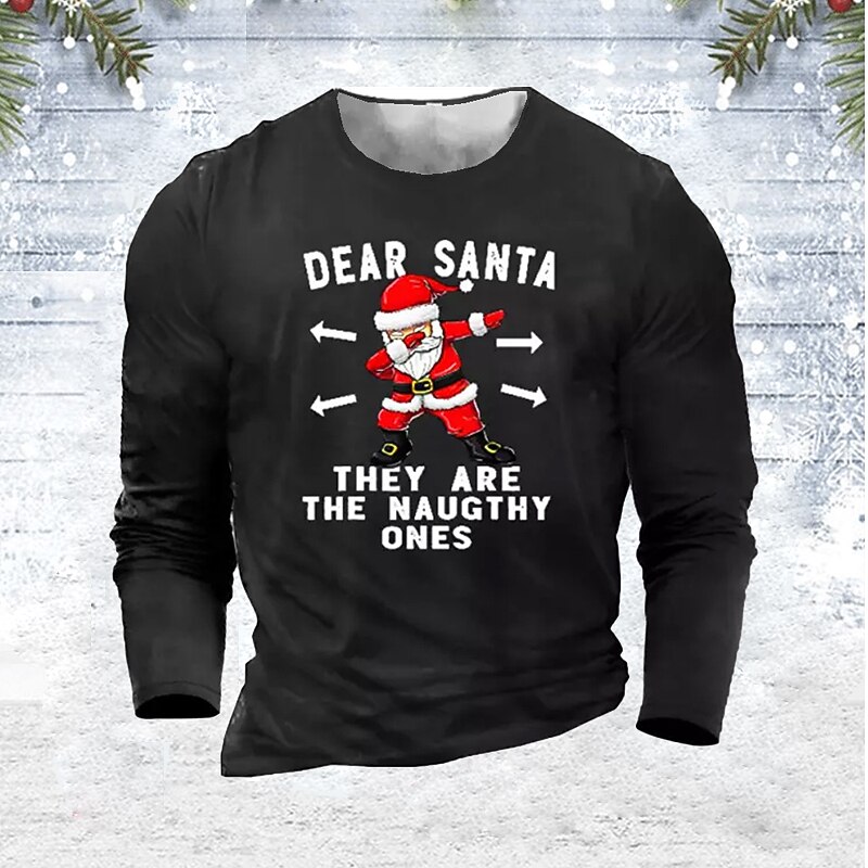 Men's Santa Claus Graphic Prints T Shirt Long Sleeve Shirt Crew Neck Christmas Outdoor 3D Print Black Army Green Navy Blue Gray Print Clothing Apparel Designer Basic Casual Merry and Bright3