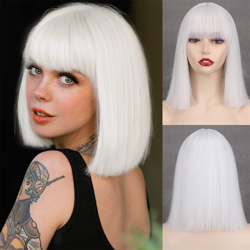 Short Bob White Wig with Bangs Silver White Short Wigs for Women Straight Bob White Cospaly Hair Wig for Daily Party Halloween